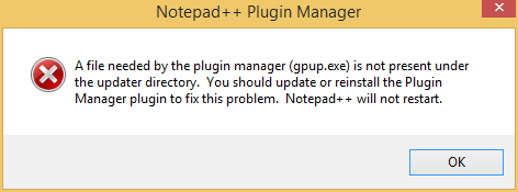 A file needed by the plugin manager (gpup.exe is not present under the updater directory.